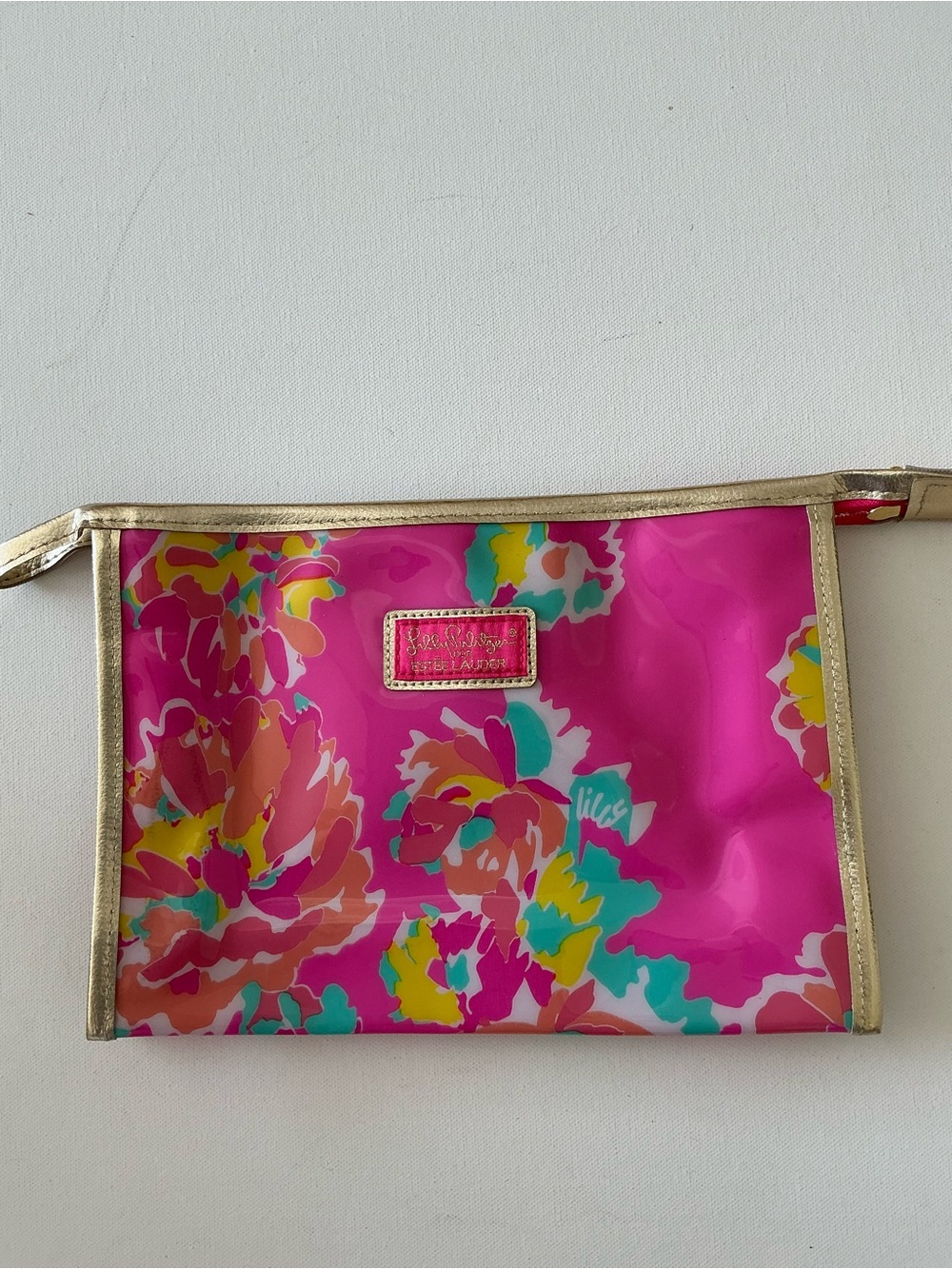 Lilly Pulitzer Hot Pink Floral Vinyl Pouch with Gold Trim